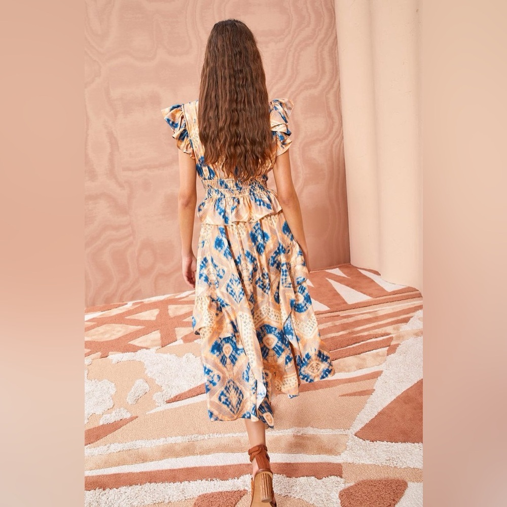 Ulla Johnson Blue and Cream Floral Ruffle Midi Dress - Picture 2 of 16